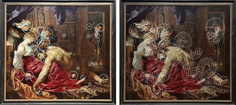 Two photos of the same old master painting of Samson and Delilah showing a man sleeping in a woman's lap while another man snips off his hair.  The photo on the left show the painting superimposed with circles of various sizes, the second is superimposed with swirling lines.