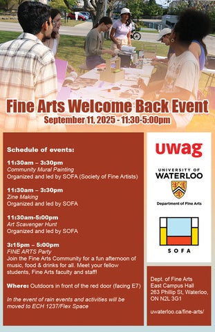 Poster for the 2025 Fine Arts welcome back event, all text repeated on the webpage.