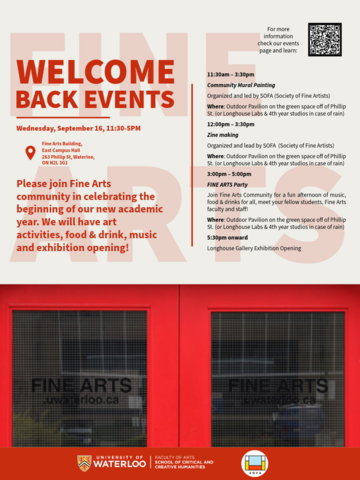 Poster for 2026 Welcome back event, text in upper half of poster repeated in event posting, bottom half shows with windows of double doors with the label Fine Arts.