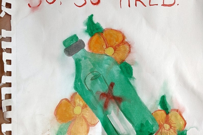Crumpled watercolour painting of a flowers and a green bottle with a red "x" and the text "so, so tired."