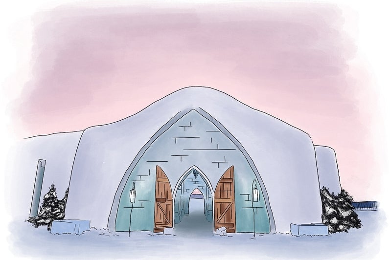 Artwork of watercolour-like postcard depicting an ice hotel with the doors open