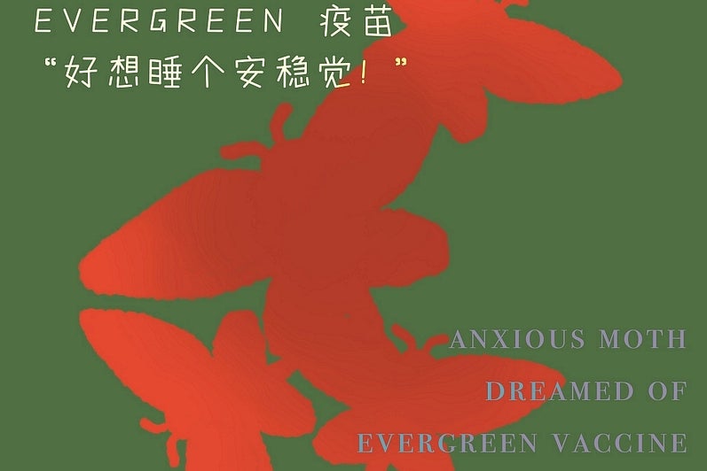 Graphic design of for red silhouettes of moths on a green background. Text: "Anxious moth dreamed of evergreen vaccine; How I wa