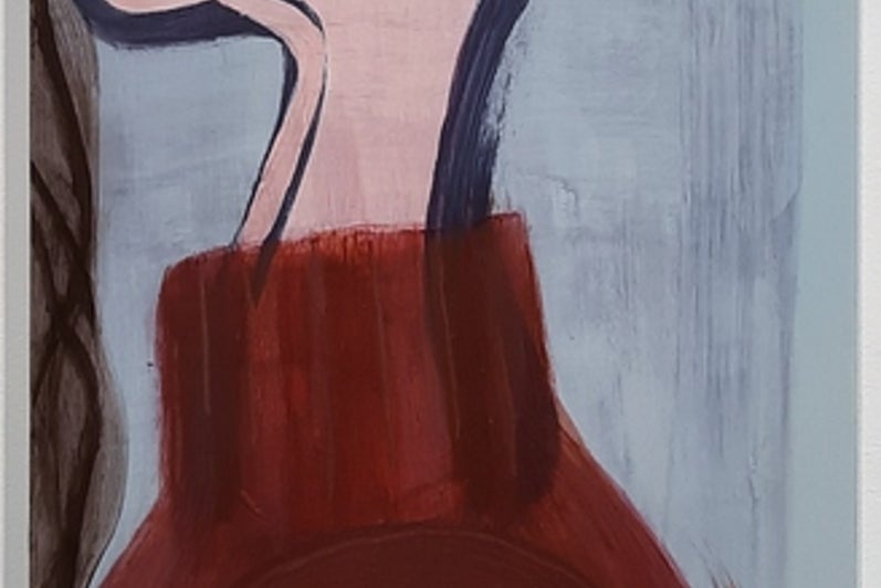 Painting of a colourful abstracted portrait of an elongated torso in profile, near the ear is a collaged photograph of a mouth