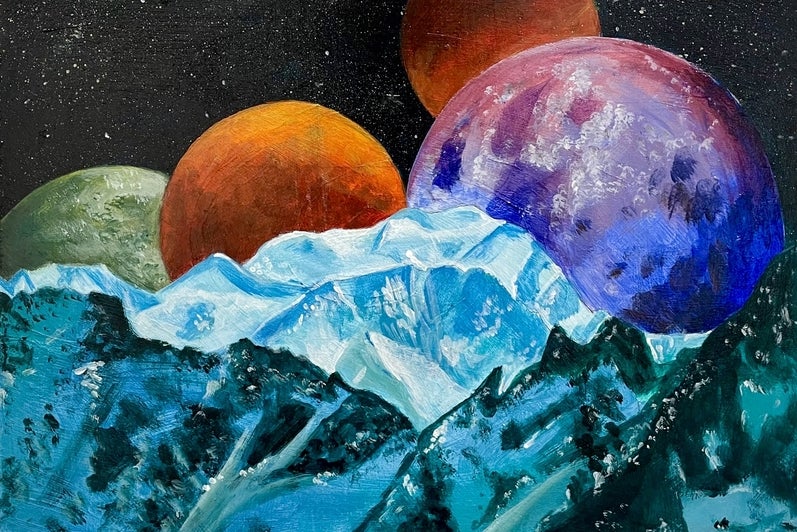 Painting of a cosmic landscape with icy blue mountains in front of four planets coloured purple, green, blue and red
