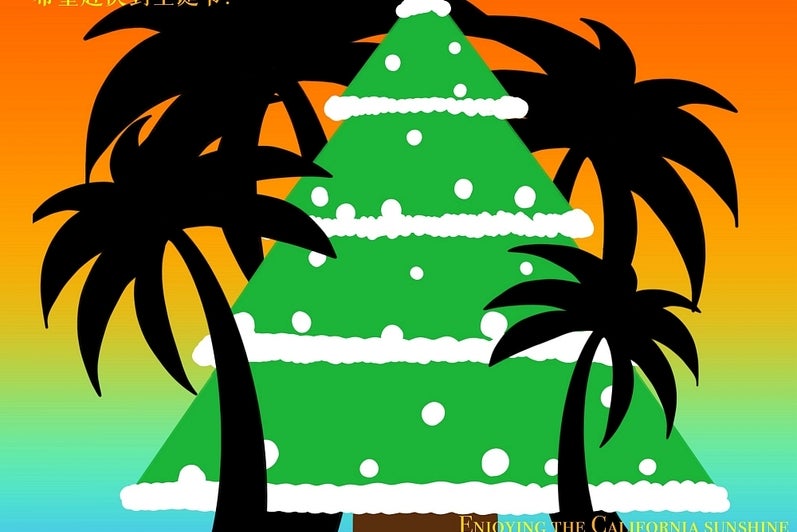 Graphic design of green Christmas tree and black palm trees. Text: "Enjoying the California sunshine and enjoying being tortured