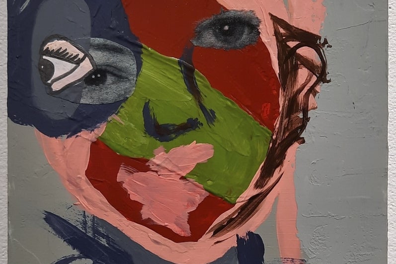 Painting of a colourful abstracted portrait with two eyes collaged from black and white photographs. 
