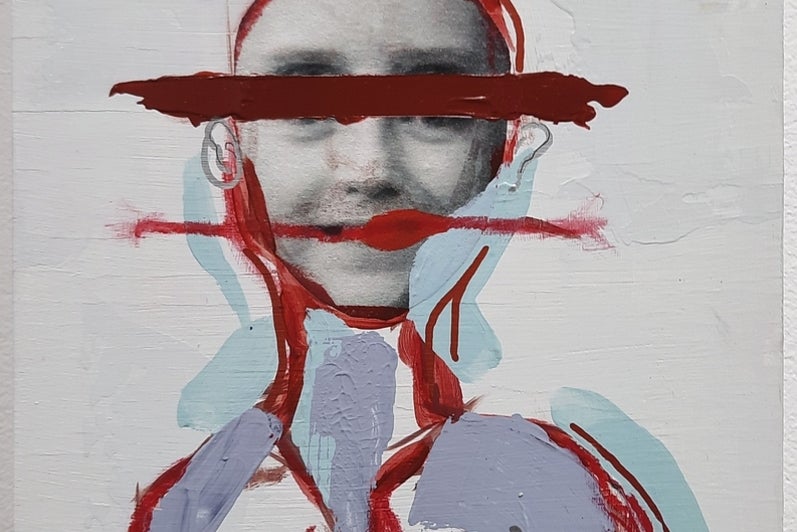 Painting of a colourful abstracted portrait with a black and white photograph face collaged and the eyes and mouth crossed out