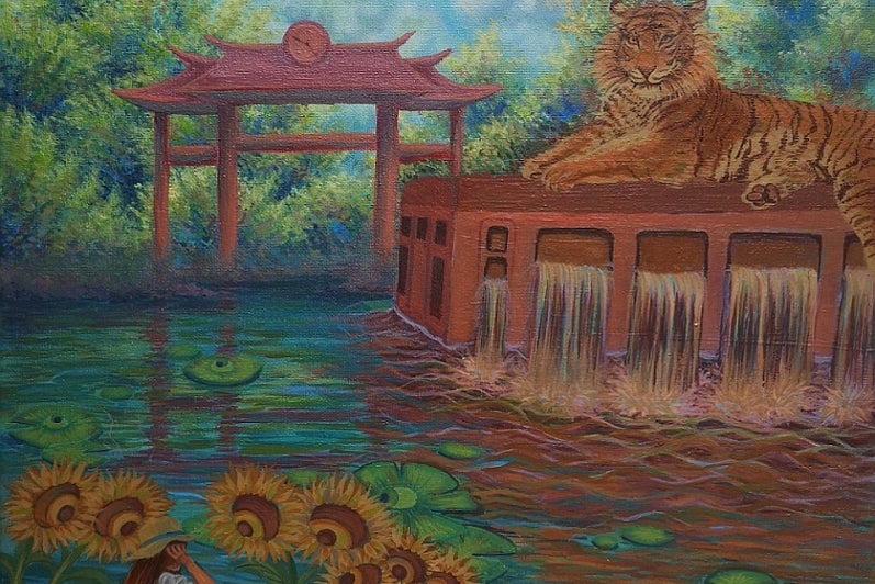 Painting of a fantastic landscape.  Figure in front looks across a pond to a tiger lying on top a water dam with a Chinese gate