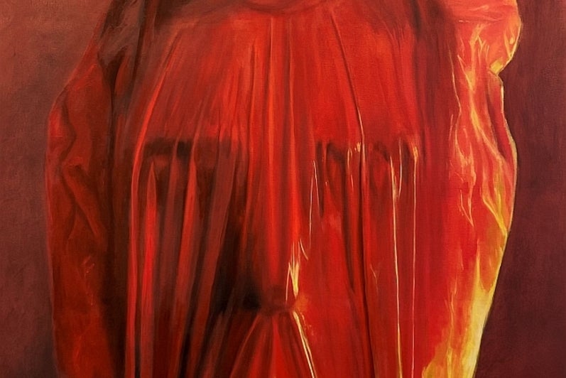 Painting in shades of red, of a head wrapped in fabric.