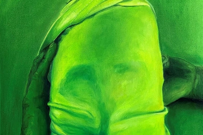 Painting in shades of green of a head wrapped in fabric.