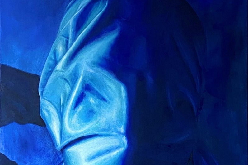 Painting in shades of blue, of a head wrapped in fabric.