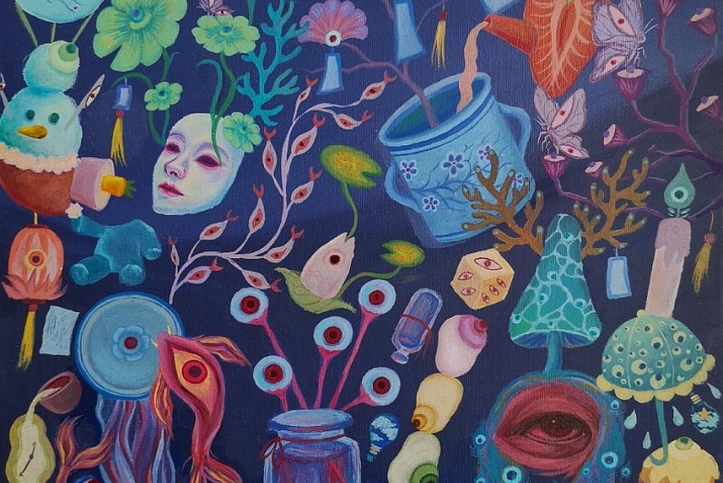  Painting of a fantastic collage including fish, flowers, eyeballs, cupcakes, sea coral and other items.