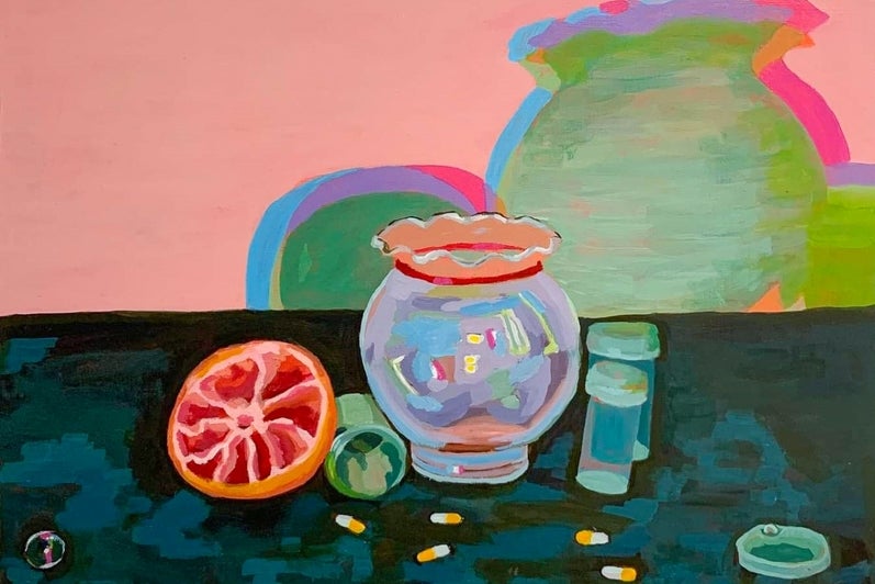 Still life painting in intense, saturated colours of a boot sitting on top of a tipped over drinking glass.