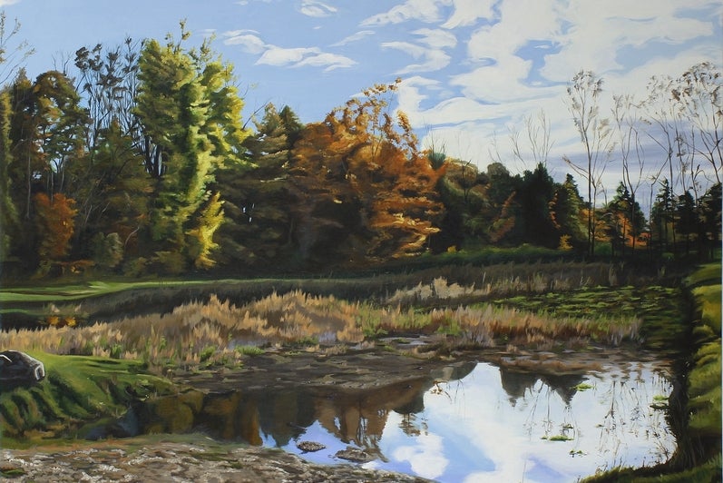 Painting of a landscape.  Trees, in autumn, at the edge of a small pond with cloudy reflected in the water.