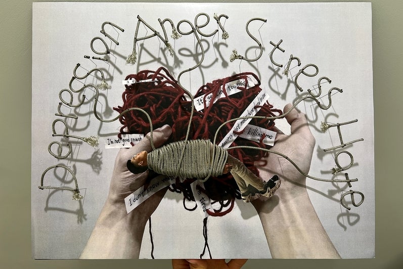 Photographic collage of two hands holding bundle of yarn with a wrapped figure, yarn forms words "depression anger stress hate"