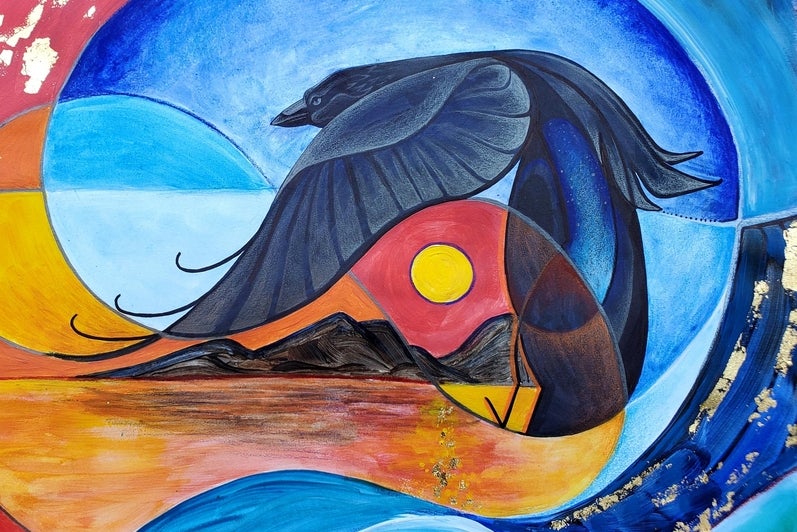 Artwork, a swirl of blue across a bare gold and red landscape with mountains; a raven flies through the blue.