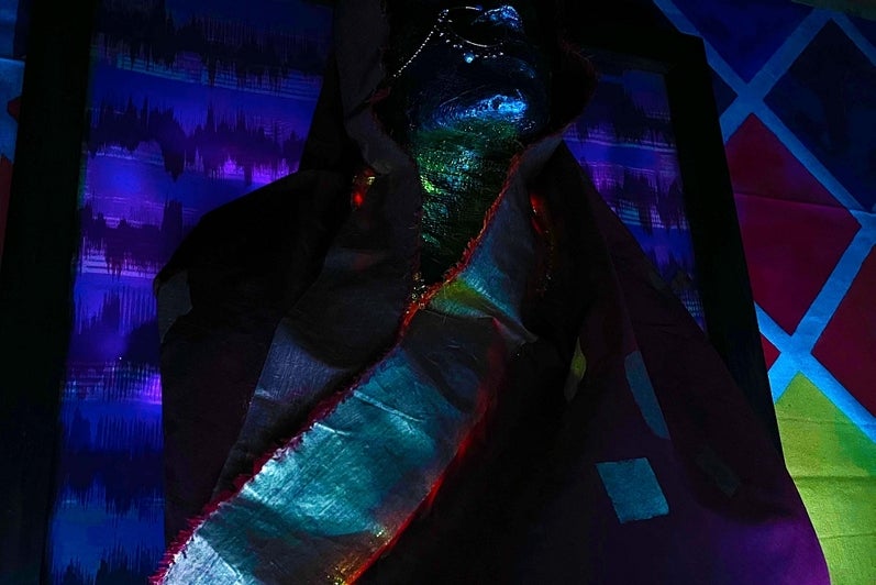 Very dark image, viewed from below, of papier mache torso in a sari with a nath nose ring.
