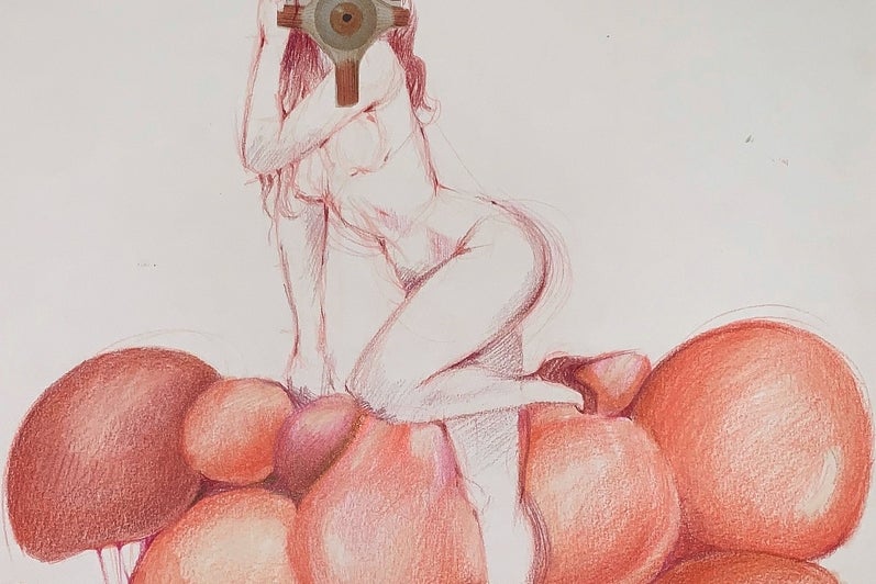 Drawing of nude female figure leaning with one leg raised against bulbous orange shapes, face covered with diagram of an eye