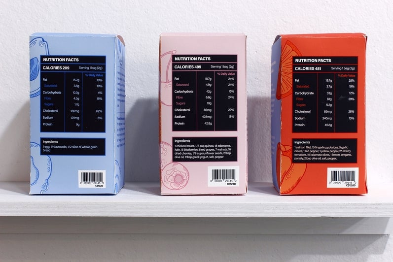 Art installation of shelf with 3 boxes of fake meal replacement tea showing back labels with Nutrition Facts and Ingredients.