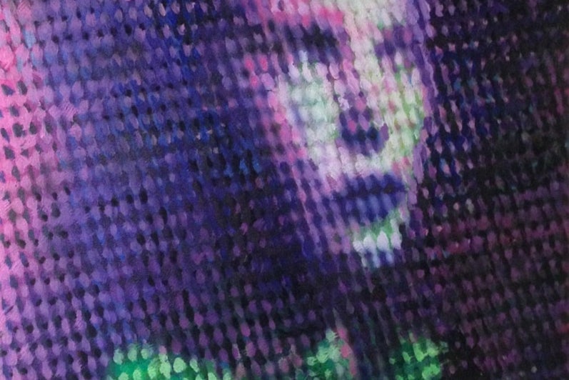 Portrait of a woman in three-quarter view painted in dots of purple and green.