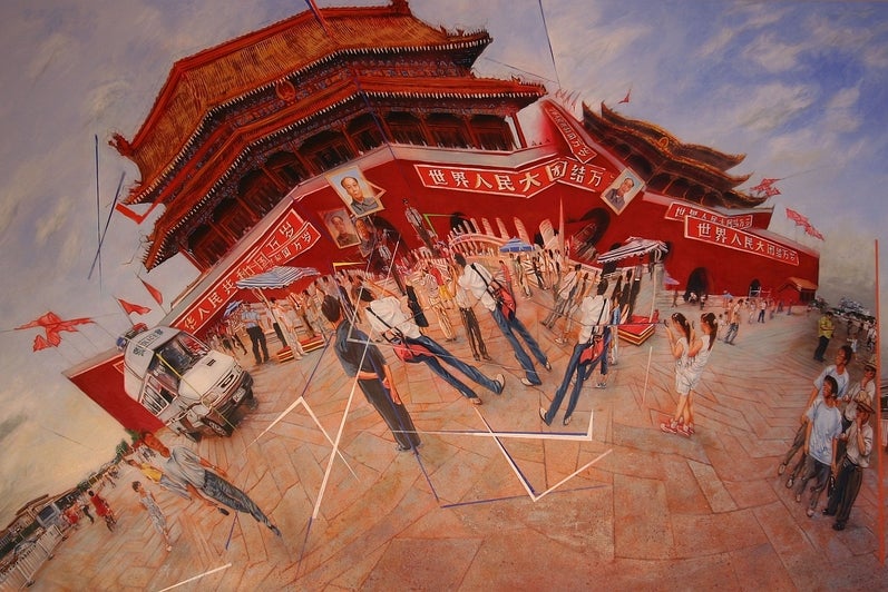 Painting of the entrance to the Forbidden City with tourists, kiosks and a police van.  The painting shows multiple views, pieced together with anamorphic distortion.