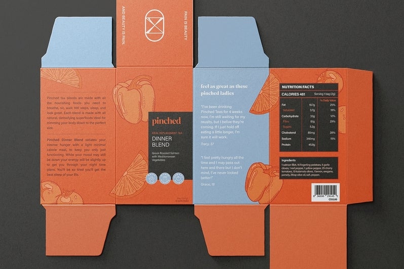 Artwork, flattened packaging for parody tea brand with label reading "I'm Starving (Dinner Blend)"