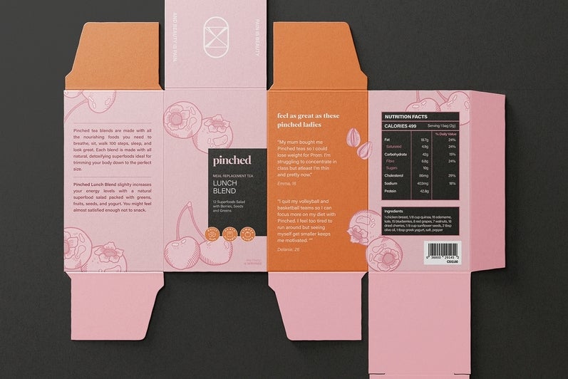 Artwork, flattened packaging for parody tea brand with label reading "I'm Hungry (Lunch Blend)"