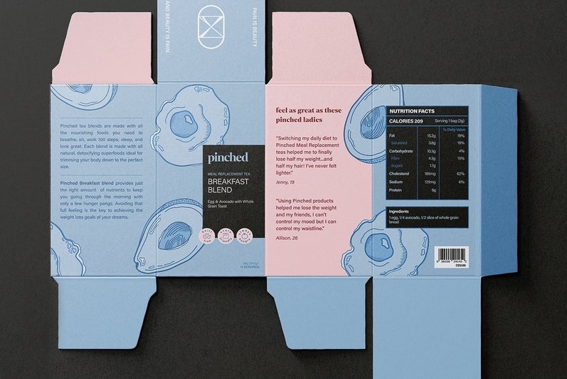 Artwork, flattened packaging for parody tea brand with label reading "I'm Peckish (Breakfast Blend)"