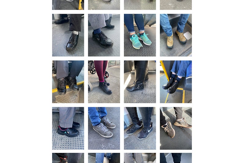 Grid of photographs (4 x 5) of people's feet and shoes taken on the sidewalk or bus.