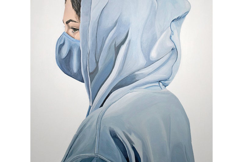 Painted portrait showing head and shoulders of a person in profile with their hood up, wearing a fabric mask over nose and mouth