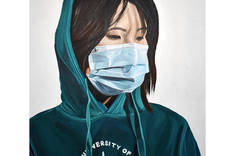 Painted portrait showing head and shoulders of a person with their hood up, wearing a fabric mask over nose and mouth