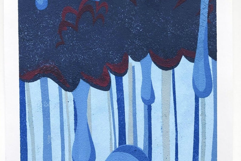 Textured abstract design in shades of blue, with dark blue cloud-like shape at top and drips of lighter blue 