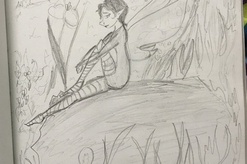 Drawing of a winged fairy sitting in a flower garden.
