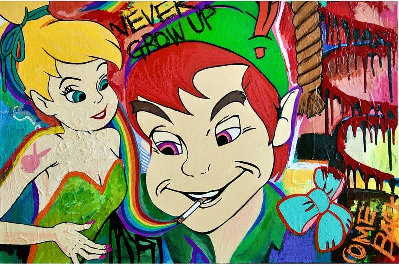 Painting of Peter Pan smoking with rainbow coloured smoke and Tinkerbell with a playboy bunny arm tatoo