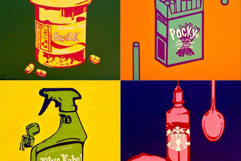 Four brightly coloured panels; medicine bottle labelled Coca-Cola, cigarette pack labelled Pocky, spray bottle labelled Blue Lab