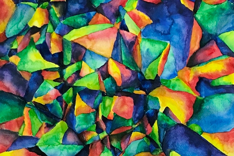 Abstract watercolour of multiple shapes in various colours.