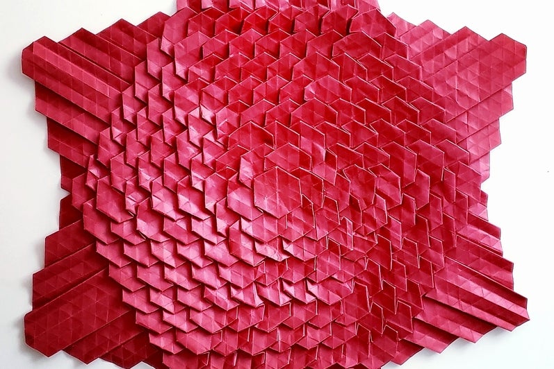 Red six pointed star with textured surface.