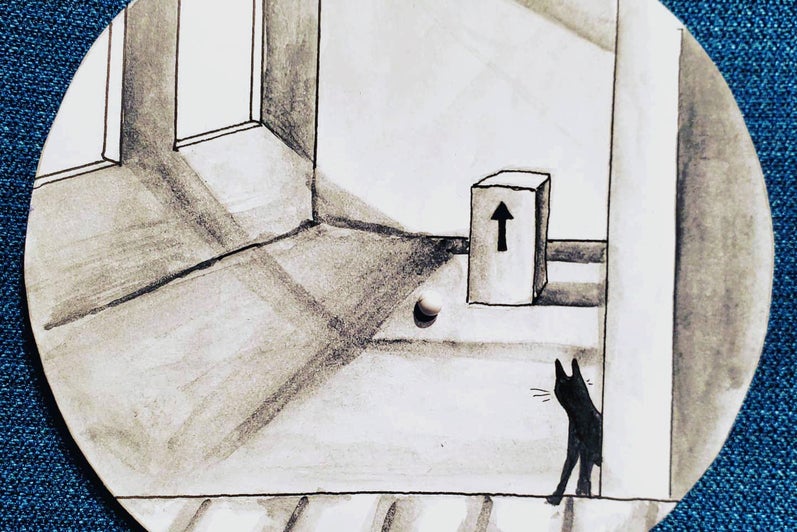 Black and white drawing of a room with a small black cat in the doorway looks behind at a box with a large arrow pointing upward