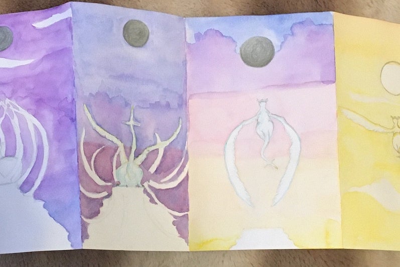 Page folded accordion-style into four sections, each shows a dragon bursting out of a cage and flying to the sun