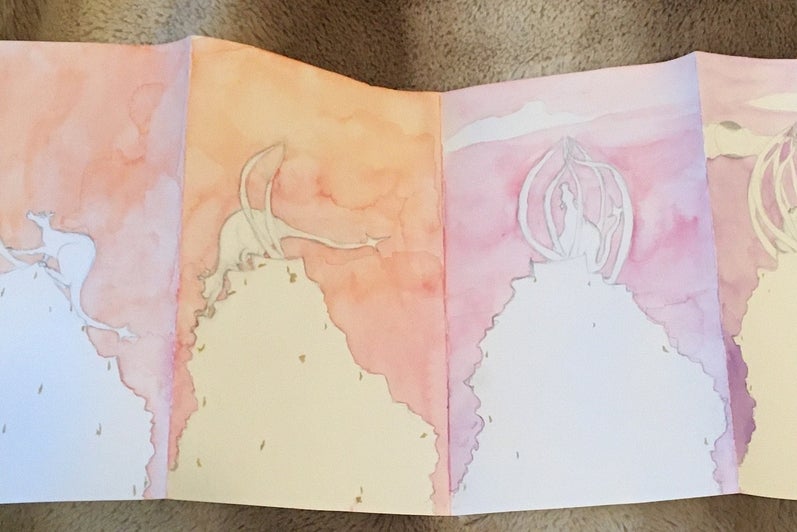 Page folded accordion-style into four sections, each shows a dragon on a mountain progressively building a cage.