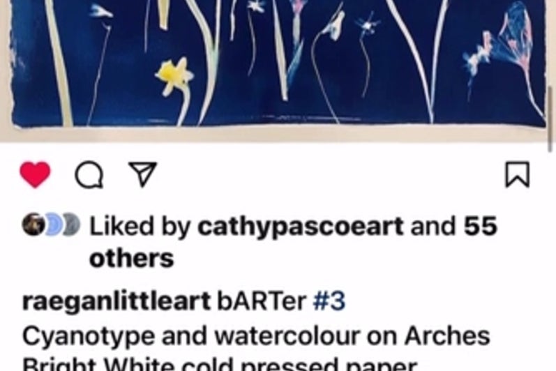 Screencapture of instagram feed showing an artwork of flowers on a deep blue background