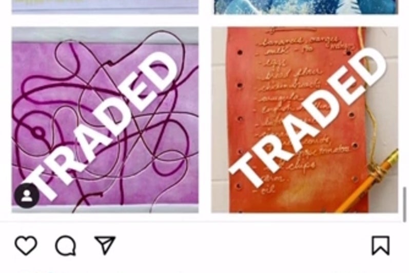 Screencapture of instagram feed showing four artworks superimposed with the word "traded"