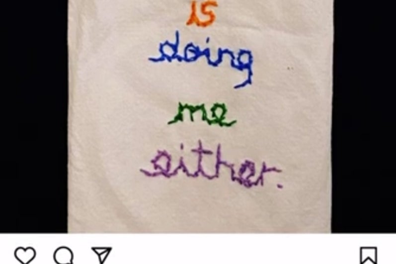 Screencapture of instagram feed showing an artwork of embroidered text "Don't worry dishes no one is doing me either"