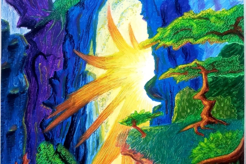 Fantastical landscape with light and flames coming from a cave in the center of the landscape.