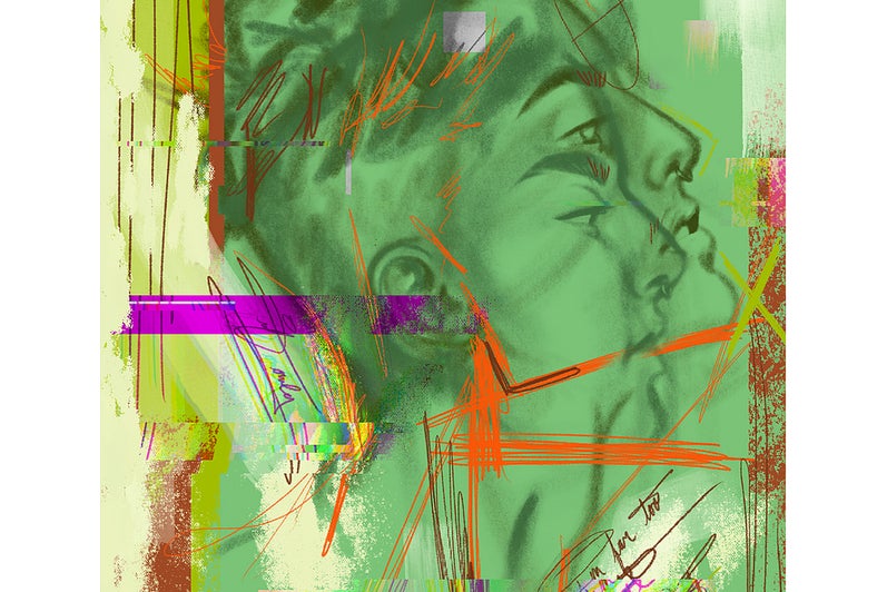 Artwork showing side profile of a face on a vibrant green background with multicoloured scribbles, lines and handwriting.