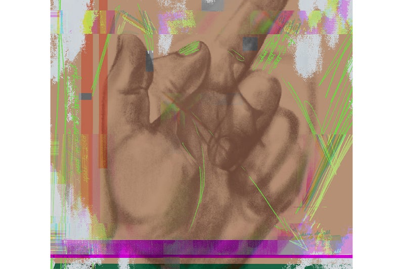 Artwork showing a hand with finger pointing upward on a warm sand coloured background with multicoloured scribbles and lines.