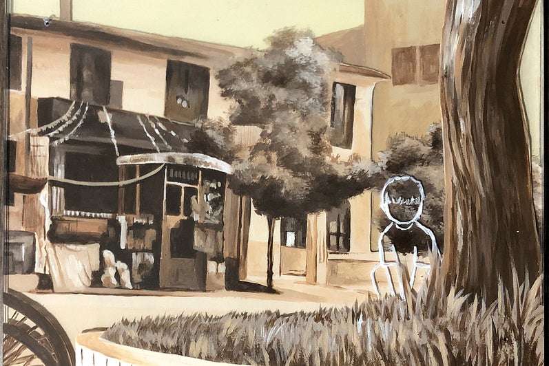 Painting on layers of clear plastic depicting a child outlined in white sitting under a tree in front of a shop.
