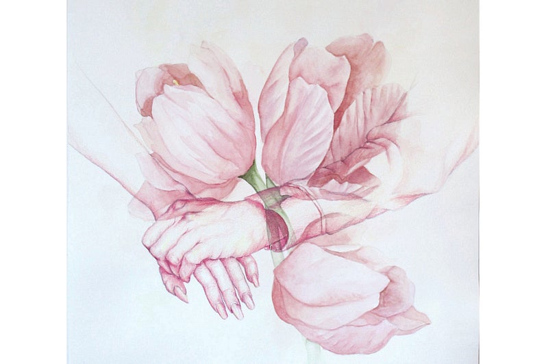 Drawing in shades of pink showing three tulip flowers superimposed with two hands, one clasping the wrist of the other.