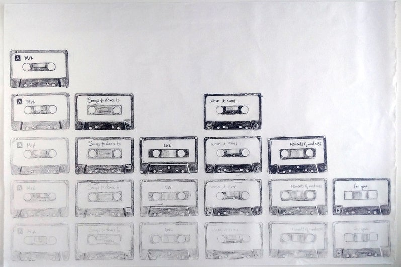 Black and white prints of various audio cassette tapes fill the bottom half of the page.