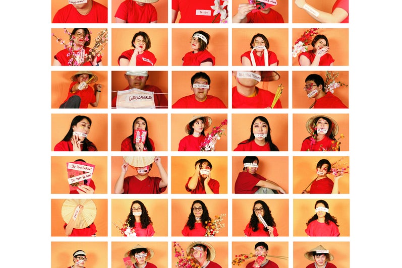 Portrait photographs of various people arranged in a gird of 5 x 9.  All wearing red t-shirts with an orange background.